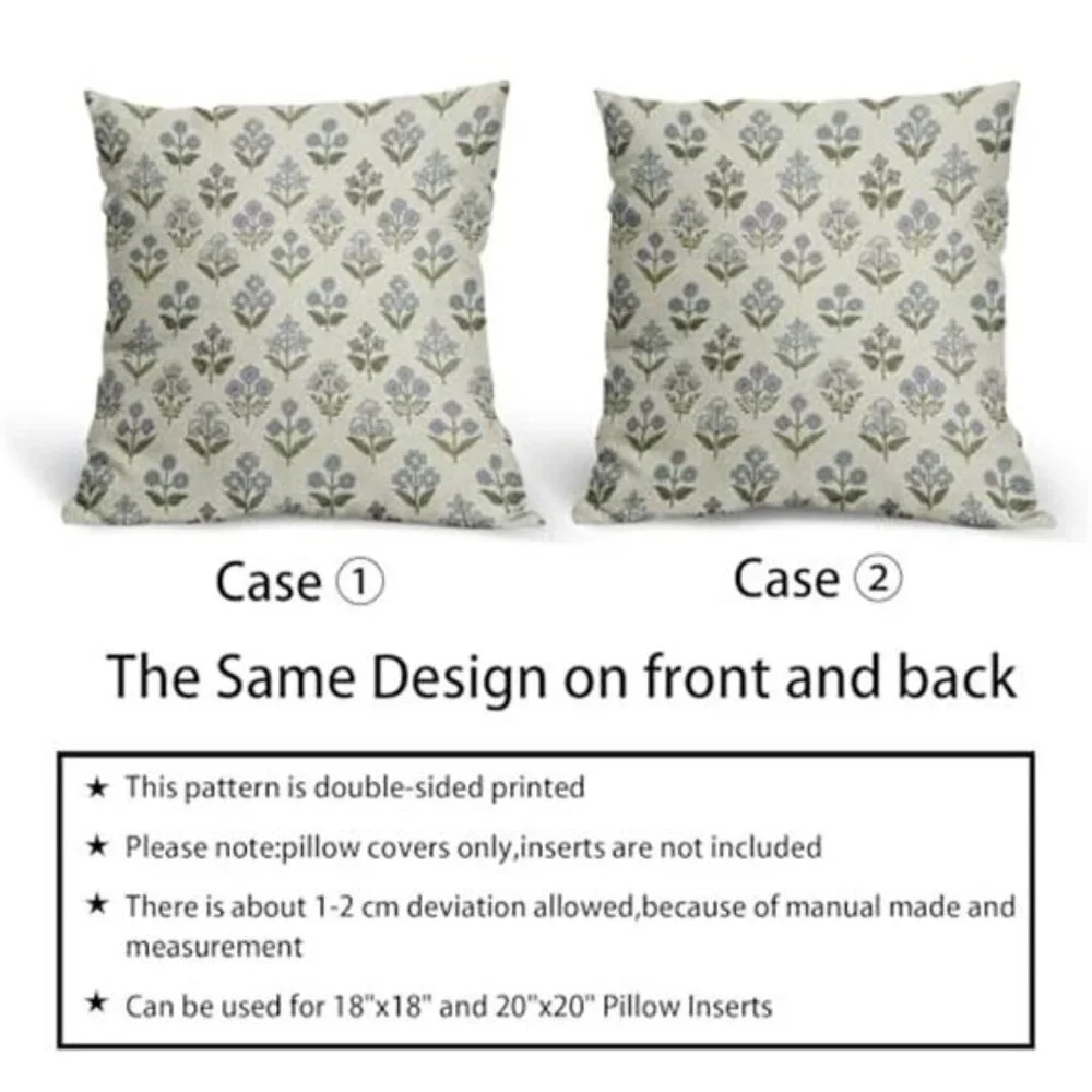 Blue Green Print Pillow Covers 18x18 Set of 2 Vintage Floral Spring NO INSERT